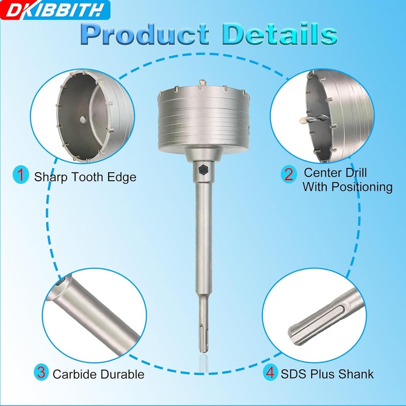 DKIBBITH 5" Concrete Hole Saw, 125mm Tungsten Steel Core Bit for Cinder Block, Brick, Rock, Plank Walls for Pipes or mini Split Lines, with SDS Plus Shank and 2 Center Positioning Drill Bits. - Image 4